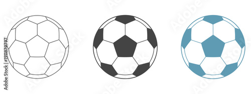 Soccer ball icon set featuring outline, black and white, and blue designs, sports symbols, football game elements