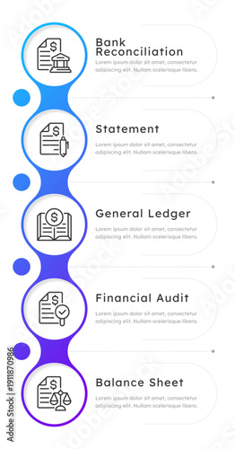 Bank reconciliation blue gradient round infographic 5 steps. Account statement. Audit of financial facility activity. Transaction. Editable thin line icons diagram process. Lexend font used