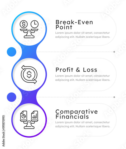 Break even point blue gradient round infographic 3 steps. Sales volume and revenue level balance. Financial calculation. Business. Editable thin line icons diagram process. Lexend font used