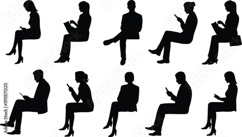 Black silhouette collection of people sitting and using smartphones for public transport, waiting room, business lounge, and lifestyle