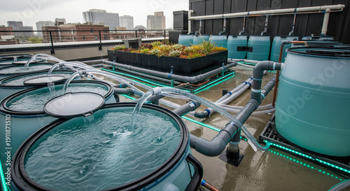Rooftop rainwater harvesting system with storage tanks and filtration pipes, sustainable urban water management, eco technology for recycling and conservation in city environment
