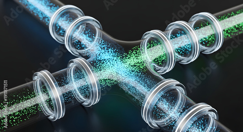 Vibrant 3D abstract of transparent pipelines showcasing merging blue and green particle streams, representing dynamic data flow, digital network optimization, and efficient process integration