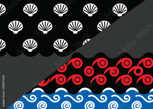 A seamless oceanic pattern displays white scallop shells on black beside red circular swirls and blue wave motifs separated by wavy borders.