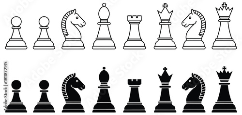 Black And White Chess Piece Icons Vector, Flat Style Illustration Including King, Queen, Bishop, Knight, Rook, And Pawn For Board Game, Strategy, And Gaming Design.