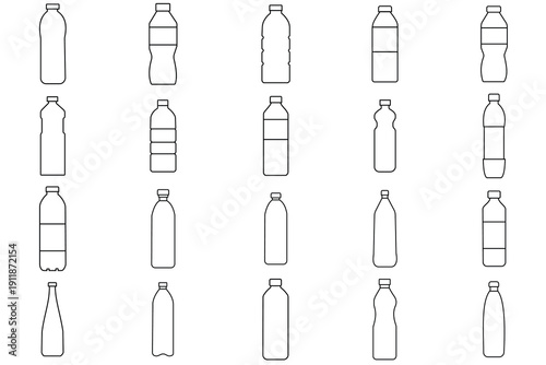 Plastic bottle icon set. Black plastic bottle symbol in line style. Mineral water bottles icons collection, Container water bottle sign vector illustration.