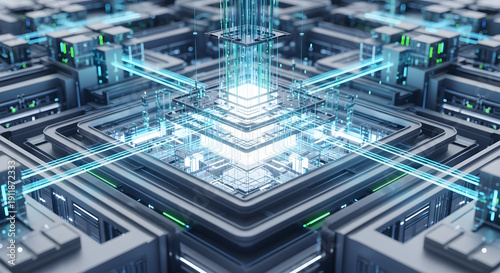 Futuristic 3D visualization of a complex digital network architecture with glowing data streams, symbolizing advanced technology, high-speed processing, and artificial intelligence