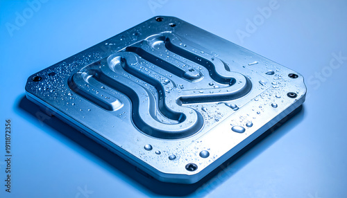 Industrial aluminum cold plate with milled channels close-up in blue engineering lighting