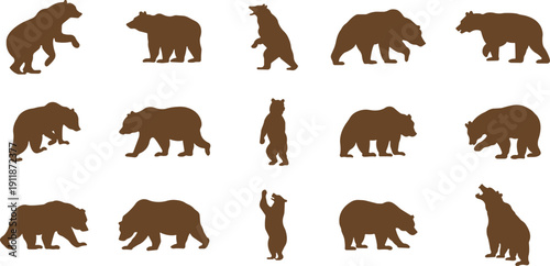 Bear icon set collection group in flat style featuring grizzly, ursus, wildlife, animal silhouette and predator synonym elements for nature design, forest logo branding and graphic use