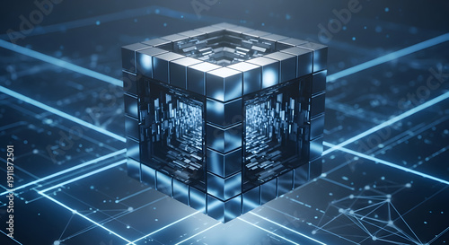 Abstract 3D metallic cube central to a glowing digital network, symbolizing secure data storage, blockchain technology, and future digital systems