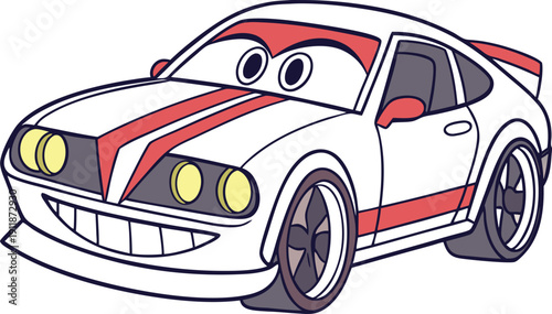 Animated white sports car character with red racing stripes and big eyes smiling vector graphic