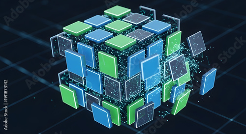 Dynamic visualization of a digital data cube fracturing into multiple interconnected segments, representing complex information analysis and technological innovation