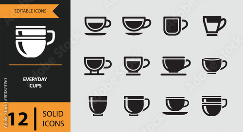 Everyday Cups. Bold Solid Daily Use Cups and Drinkware Icons for Cafe and Home Kitchen