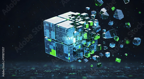 Dynamic 3D digital cube breaking apart into glowing data fragments, symbolizing technological evolution, complex data processing, and innovative digital transformation