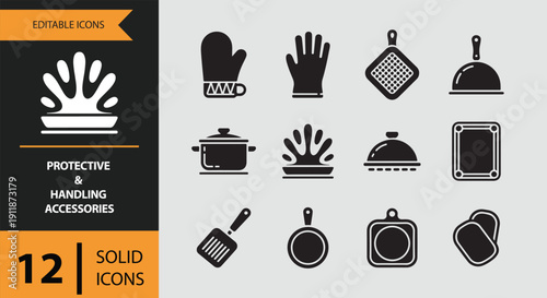 Protective and Handling Accessories. Solid Kitchen Safety and Handling Accessory Icons
