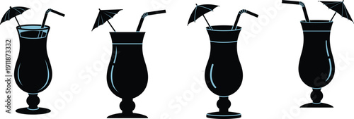 Tropical Cocktail Glass Silhouette Set with Umbrella and Straw, Vector Summer Drink Icons, Hurricane Glass Mockup, Exotic Beach Bar Refreshment, Party Drinks isolated on White