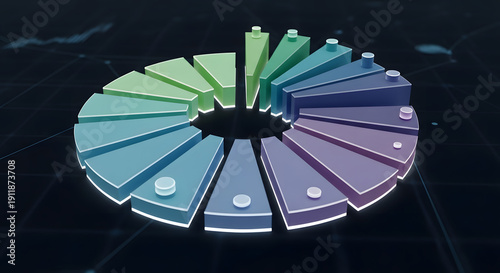 Futuristic 3D data visualization featuring a radial chart with separated, elevated segments depicting complex analytics on a dark technological grid background for business intelligence