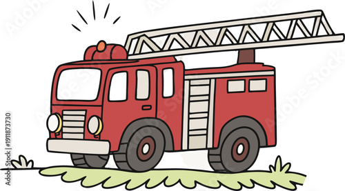 Cartoon fire engine illustration on green grass with flashes above