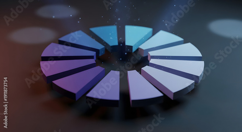 Dynamic 3D segmented ring illustrating complex data analysis, digital progress, or interconnected technological insights with vibrant glowing visual effects