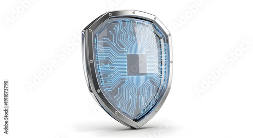 3D rendered metallic shield with glowing blue circuit board, symbolizing robust digital security, data protection, and advanced network firewall technology