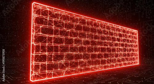 Abstract 3D glowing red digital firewall. Conceptual illustration of a robust cybersecurity barrier for network protection and data defense, preventing unauthorized access