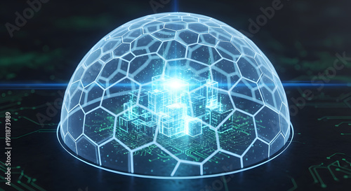 Abstract 3D illustration of digital data protection, showing a glowing core within a transparent hexagonal shield, symbolizing advanced cybersecurity and secure network defense