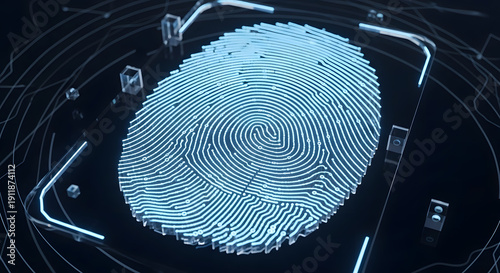 Abstract glowing 3D biometric fingerprint on a circuit board background, symbolizing advanced digital security, personal data protection, and modern identity authentication technology