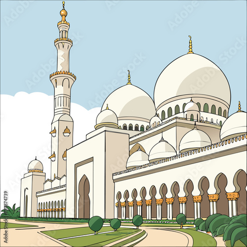 Grand Sheikh Zayed Mosque in Abu Dhabi with white domes, minaret and lush gardens