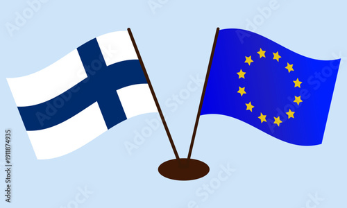 Developing flags of Finland and the European Union, standing on the same stand