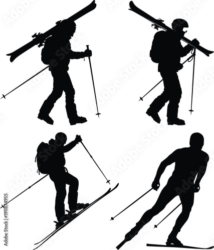 Skier Silhouettes Set Hiking and Skiing Winter Sport Poses