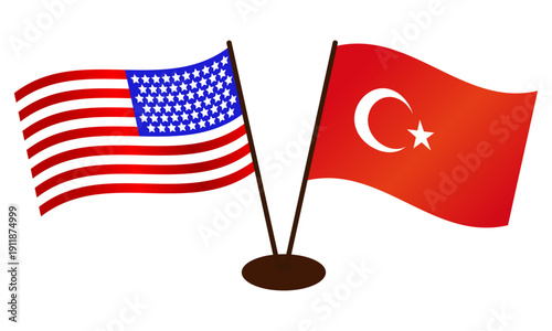 Developing flags of America (USA) and Turkey, standing on the same stand. Mutual help and support