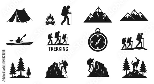 Collection of icons representing outdoor activities like camping, trekking, kayaking, hiking and navigation with mountains, trees, and campfires to illustrate adventure and exploration