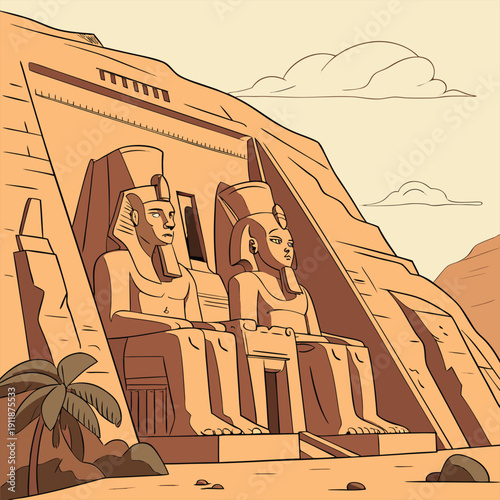 Ancient Egyptian statues carved into cliff face with palm tree and clouds backdrop