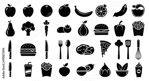 A collection of vector icons representing various food items, meals, and kitchen utensils for culinary, dining, and restaurant themes. Includes fruits, vegetables, fast food, and cooking tools