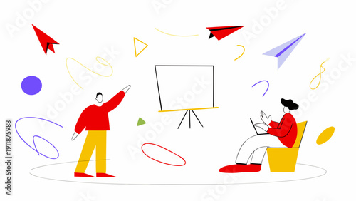 Two people brainstorming with colorful abstract shapes and a blank presentation board