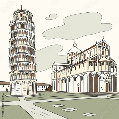 Leaning Tower of Pisa and piazza dei miracoli vector art. Famous Italian landmark in retro style