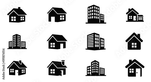 Collection of black and white simple icons representing various residential and commercial buildings, including houses and apartment blocks, ideal for real estate or city planning graphics