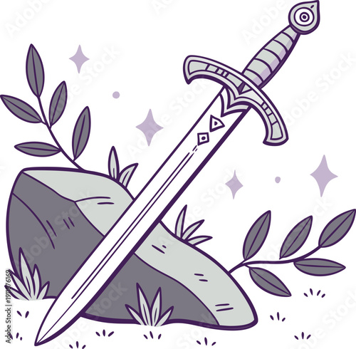 Medieval sword leaning on rock with leaves and sparkles fantasy weapon illustration