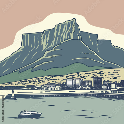 Table mountain landscape with cape town city skyline harbor and boat in retro flat vector style