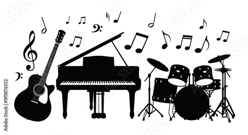 Black silhouette of classic instruments piano, guitar, drum kit, with notes, embodying the essence of rhythm and melody