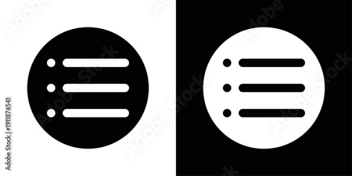 Menu icon in solid fill style, shown in black on white and white on black background. Ideal for navigation bars, app drawers, and website interface menus.