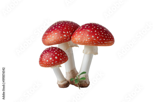 Three red and white spotted mushrooms with green sprout on black background agaric amanita, Isolated On White Background, Png Transparent