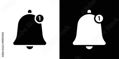 Notification bell icon in solid fill style, shown in black on white and white on black background. Perfect for alerts, reminders, and app notification systems.