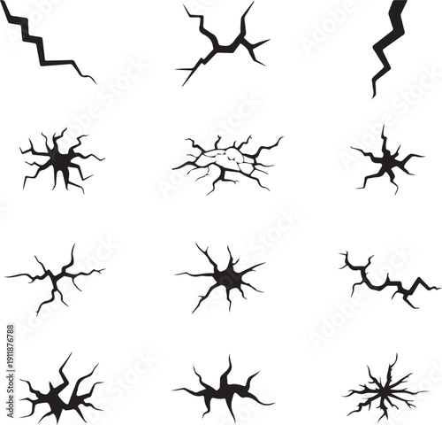 Ground split fracture line. Wall crack black silhouettes, earthquake effect. Fissure top view, surface damage and holes racy vector elements