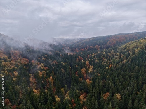 Photography hazy valley shrouded in autumn mist and fog, enigmatic scene with foggy slopes a