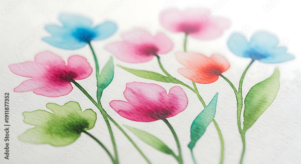 Fototapeta premium Soft watercolor painting of delicate pink and blue flowers with green stems and leaves on a light background, artistic floral illustration.
