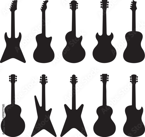 Guitar silhouettes. Acoustic and heavy rock electric guitars outline musical instruments, music symbols Vector isolated set
