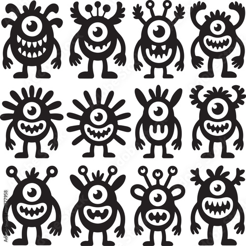Halloween monster silhouettes collection. Cute and funny creatures. Black and white illustration