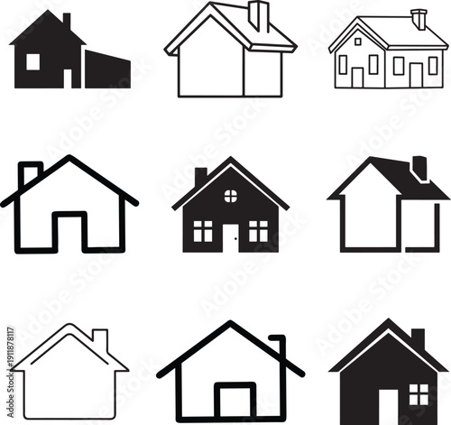 House icons traditional and modern styles simple line art and solid silhouettes for residential real estate and architectural design