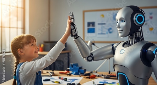 Little girl and robot giving high five in workshop, education and future technology