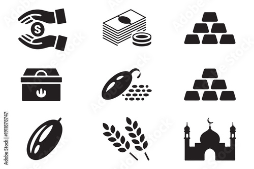 Islamic Zakat and Donation Icons. Symbols of Giving, Wealth, Food, and Religious Buildings.